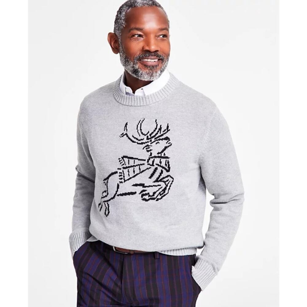 Club Room Men's Jacquard Crewneck Reindeer Graphic Sweater Gray Size Large NWOT